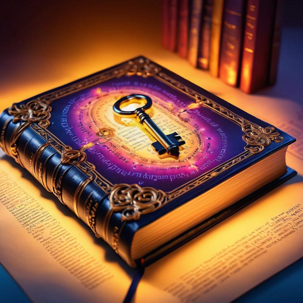 A glowing key unlocking a large, ornate book filled with vibrant pages representing blog strategies, surrounded by digital icons symbolizing engagement, growth, and connection. Soft light emanating from the book illuminates the scene, capturing the essence of knowledge and creativity in blogging. super-realistic. vibrant colors. mystical background.