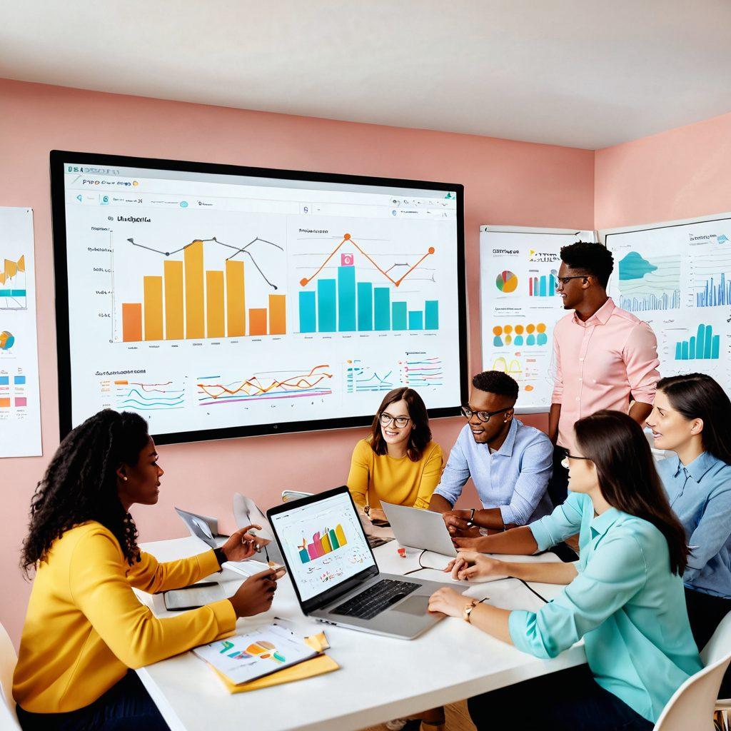 A visually engaging scene depicting a diverse group of enthusiastic bloggers gathered around a digital screen, brainstorming ideas with charts, growth analytics, and vibrant post visuals displayed. Dynamic arrows and icons symbolizing engagement strategies float around them, while a bright and inviting workspace sets the atmosphere. Soft pastel colors create a warm, collaborative vibe. 3D effect. vibrant colors.