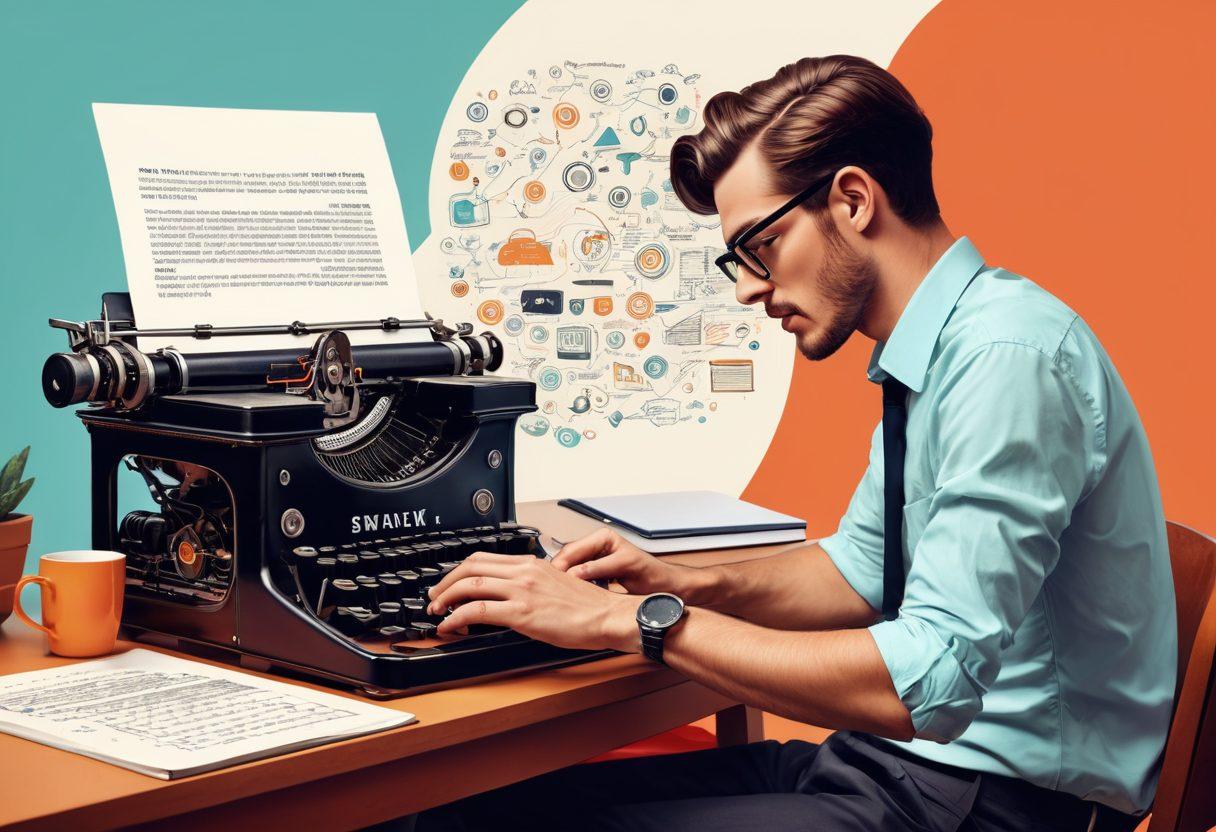 A dynamic illustration featuring a writer at a vintage typewriter on one side, transitioning into a modern digital workspace with SEO charts and analytics on the other. In the background, swirling text and graphics symbolize storytelling, while digital elements like keywords and web search icons integrate seamlessly. The color palette should blend warm tones of creativity with cool tones of technology, giving a sense of transition and innovation. vibrant colors. digital art.